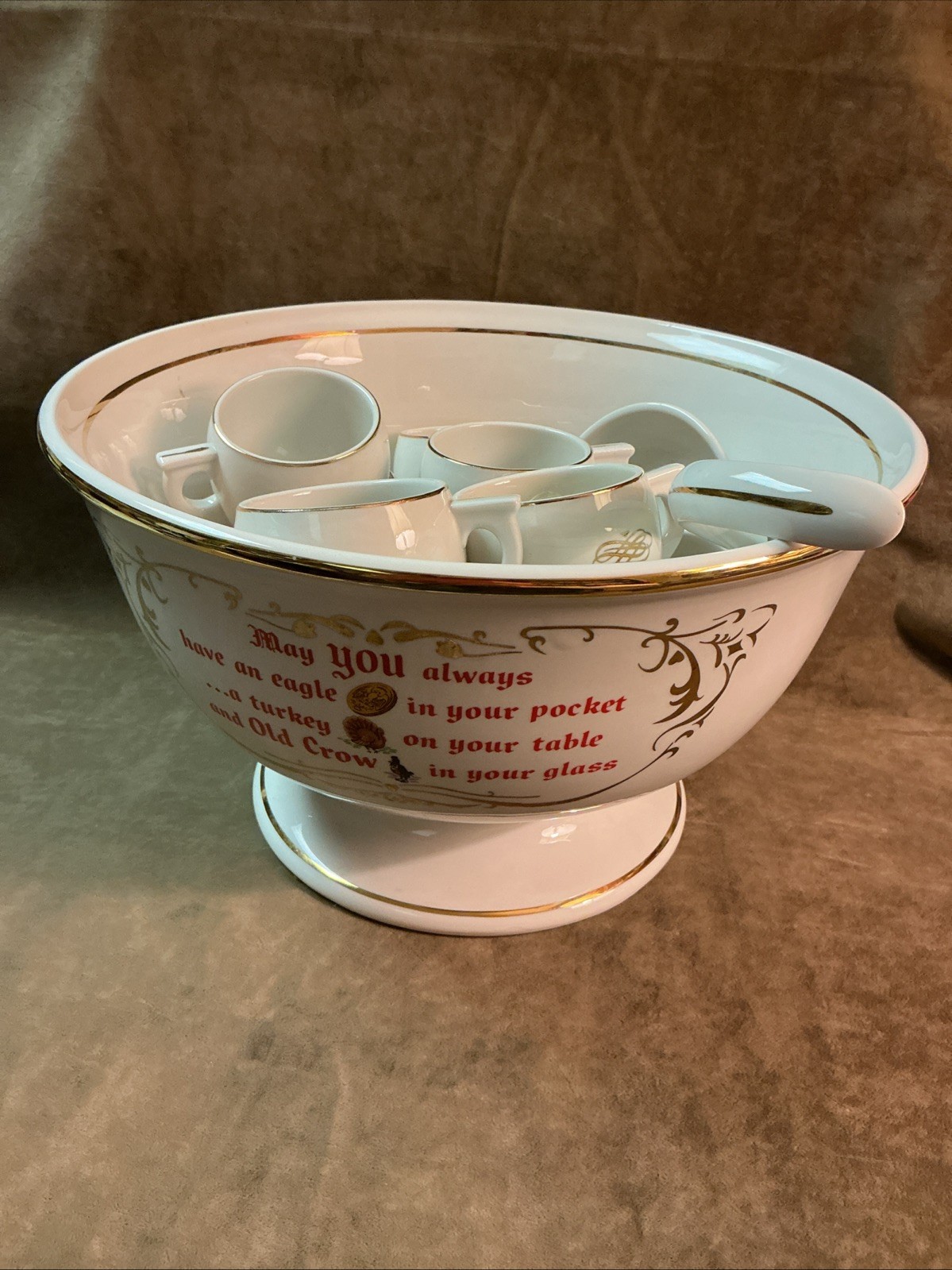 Vintage HALL China/porcelain Old crow liquor Punchbowl ladle cups set 12 Pieces