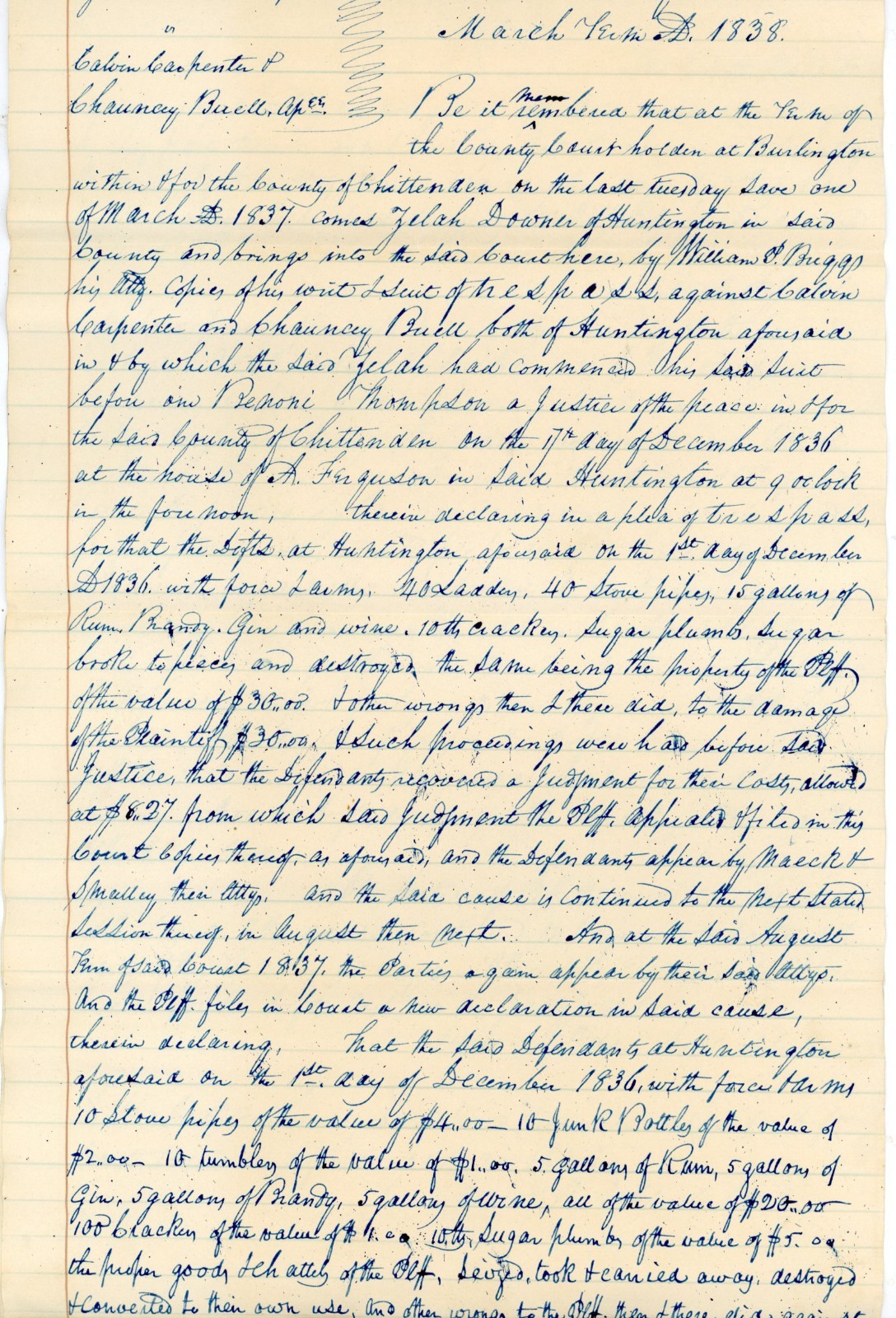 Zelah Downer vs Calvin Carpenter & Chauncey Buell 1836–40 Vermont Trespass Case