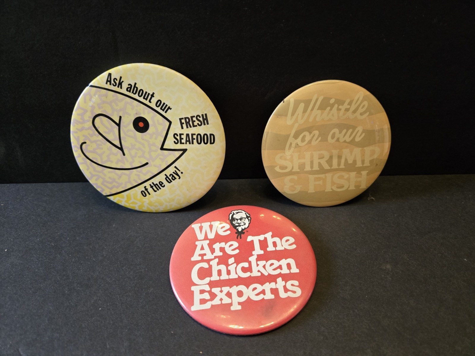 Lot of 3 Vintage Fast Food Pinback Buttons 1980s KFC Long John Silvers Seafood Lot of 3 Vintage Fast Food Pinback Buttons 1980s KFC Long John Silvers Seafood