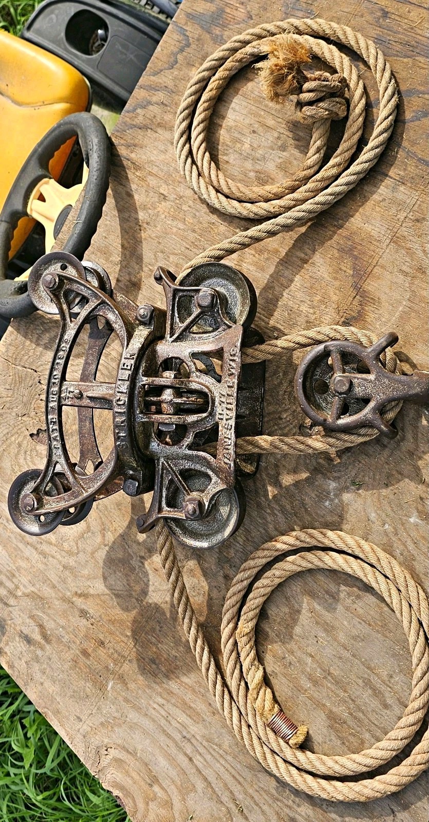 Antique 1909 STRICKLER Hay Trolley Complete Matching A-B-C Set w Vintage Rope Antique 1909 STRICKLER Hay Trolley Complete Matching A-B-C Set w Vintage Rope