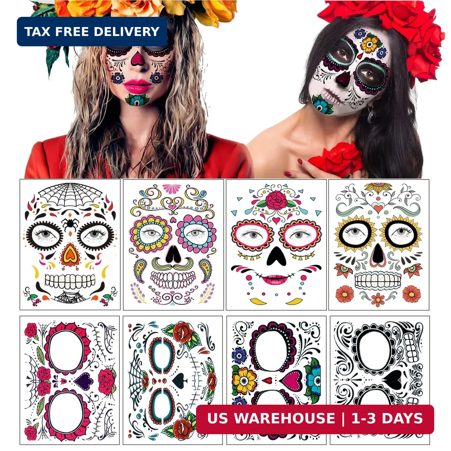 Day of the Dead Face Tattoos - 8 Large Sheets Sugar Skull Rose Temporary Tattoos Day of the Dead Face Tattoos - 8 Large Sheets Sugar Skull Rose Temporary Tattoos