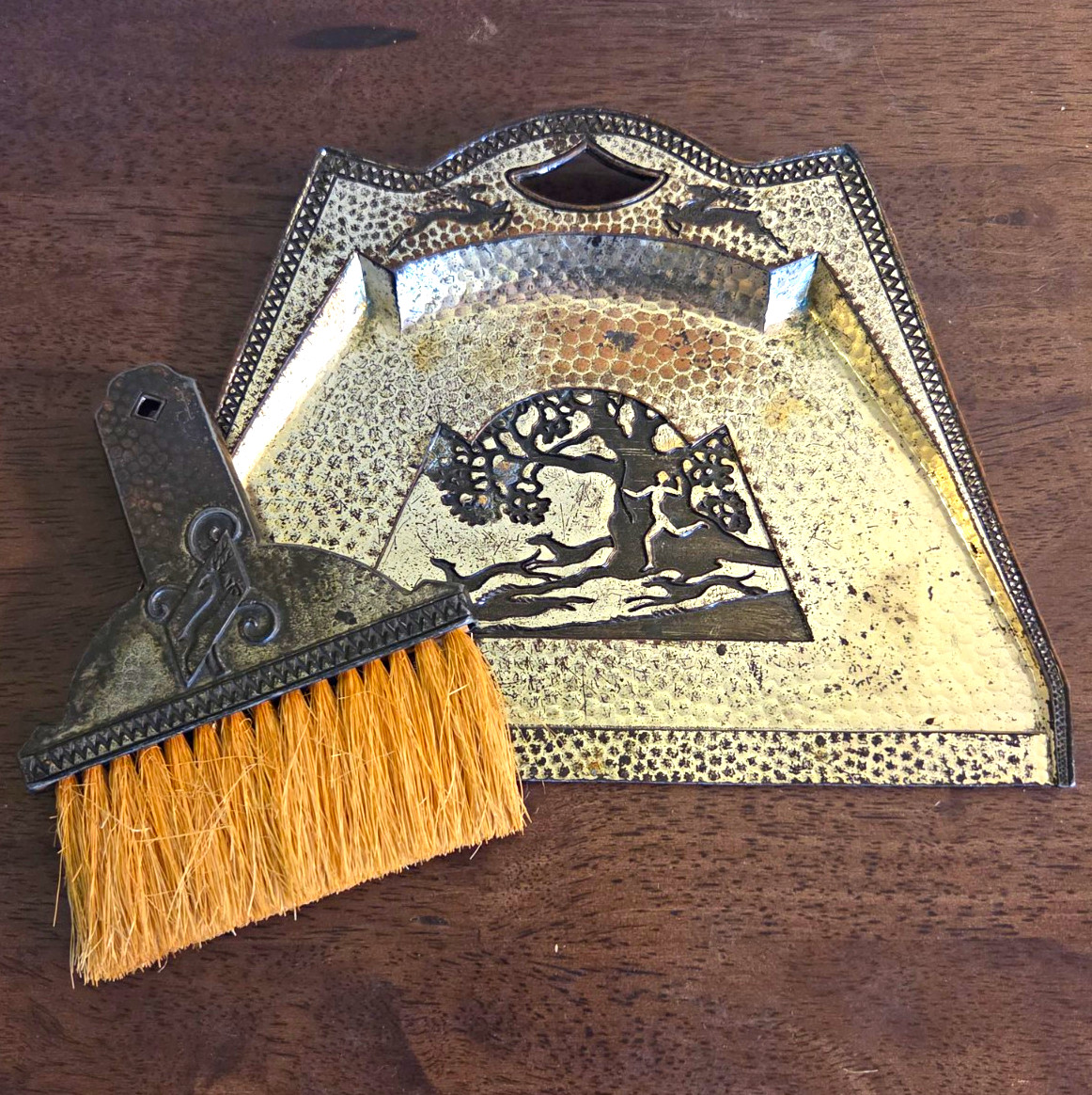 Antique 1930s Art Deco Silent Butler Sweeper Tray Brush Set Solid Brass Japan Antique 1930s Art Deco Silent Butler Sweeper Tray Brush Set Solid Brass Japan