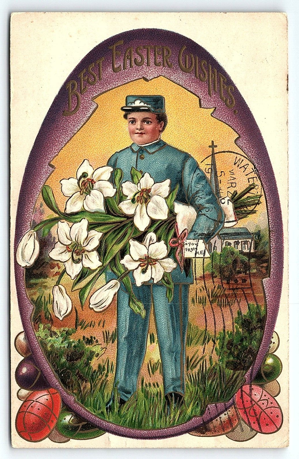 1915 EASTER WISHES SOLDIER BOY WITH LILLIES HEAVILY EMBOSSED POSTCARD P2501
