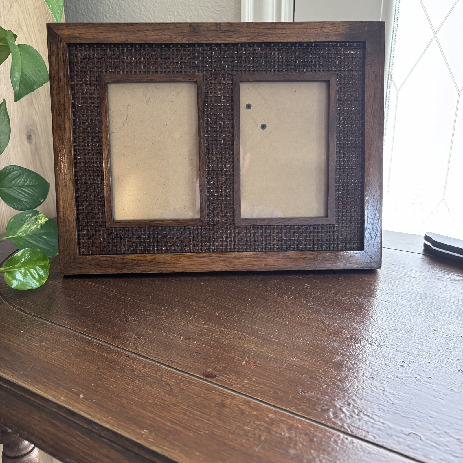 Rare Woods Double Photo Picture Frame Wood  and Rattan 10x13in