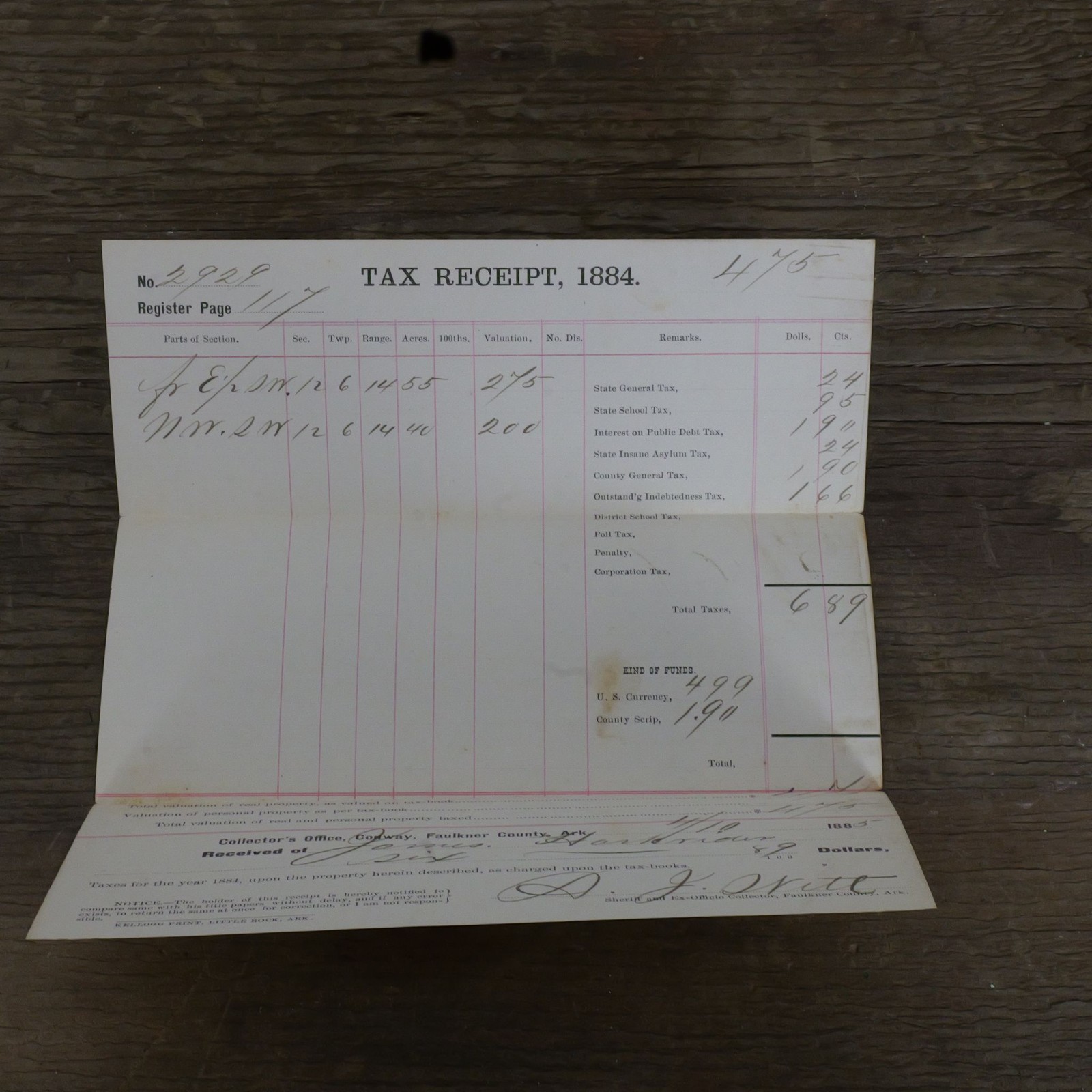 Tax Receipt 1884 Faulkner County Conway AR Handwritten James Harkrider Signed
