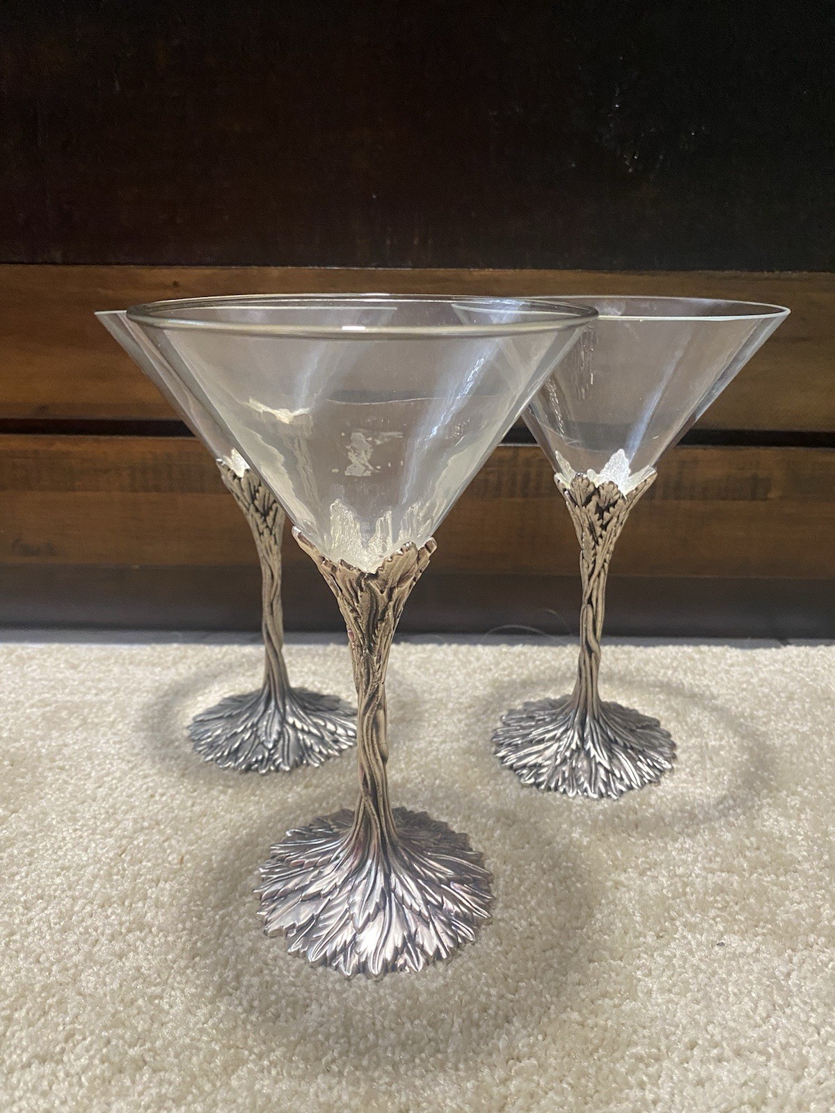 Vintage Grey Goose Vodka Pewter Metal Feather Base Martini Glasses Set of 3