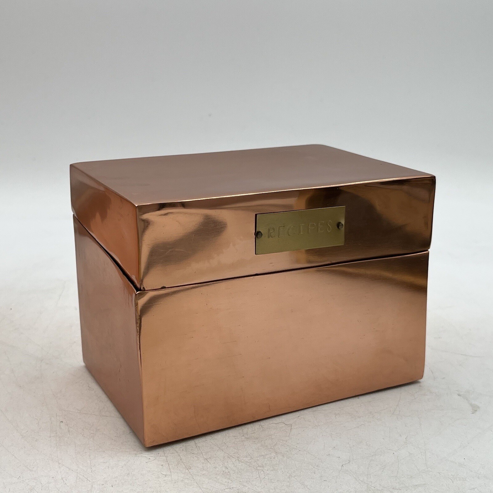 VTG Style Copper Recipe Stash Box Tin Brass Tag Farmhouse Handmade Cottage Core VTG Style Copper Recipe Stash Box Tin Brass Tag Farmhouse Handmade Cottage Core