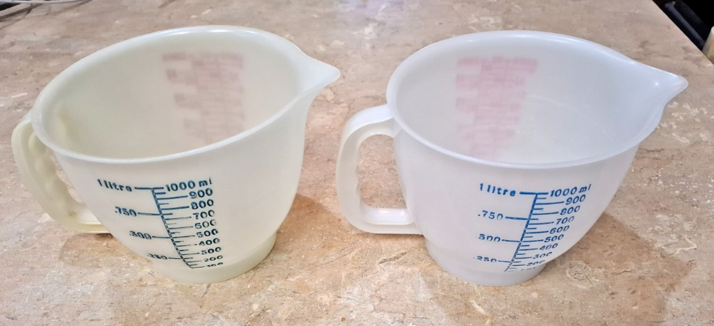 2 Pcs. Vintage Tupperware 4 Cup Measuring Pitcher 1288-6 Blue/Red Letters No Lid 2 Pcs. Vintage Tupperware 4 Cup Measuring Pitcher 1288-6 Blue/Red Letters No Lid