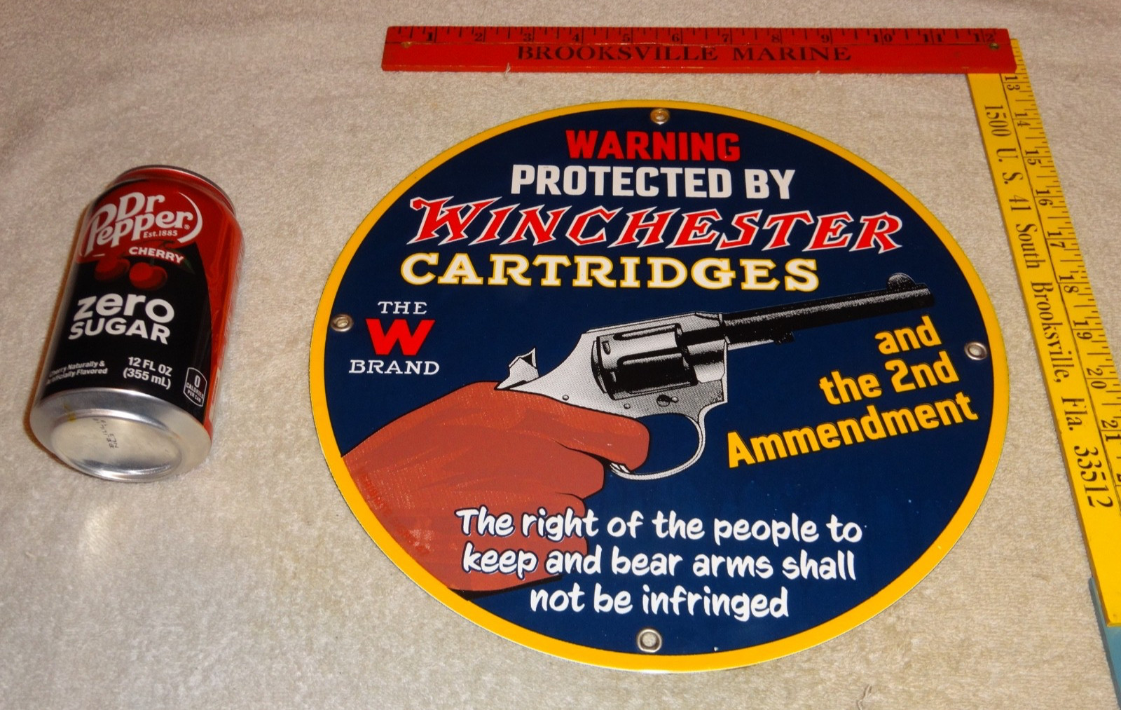 VINTAGE WINCHESTER CARTRIDGES GUN REVOLVER 11 3/4" PORCELAIN METAL GAS OIL SIGN