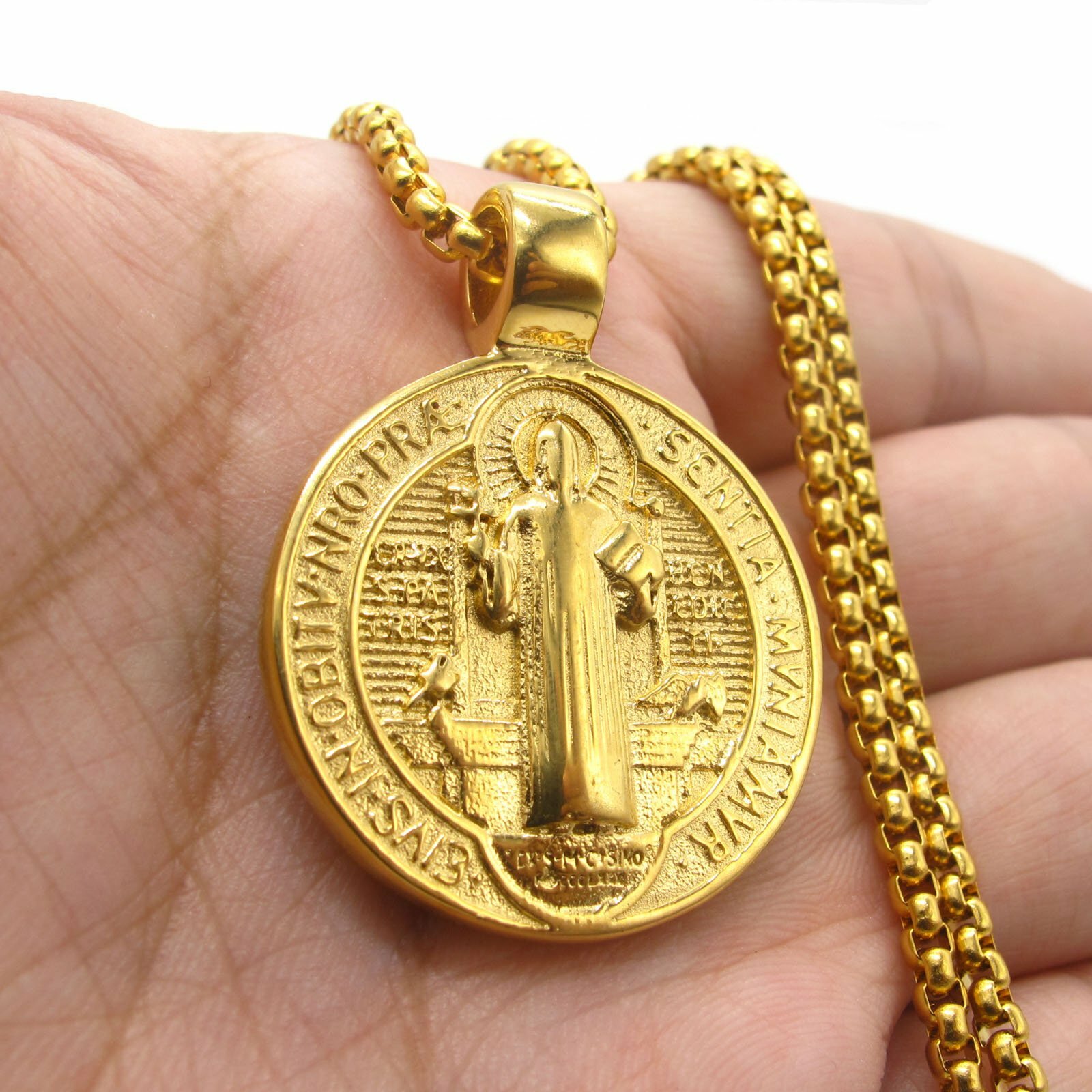 MENDEL St Saint Benedict Medal Gold Exorcism Pendant Necklace Stainless Steel MENDEL St Saint Benedict Medal Gold Exorcism Pendant Necklace Stainless Steel