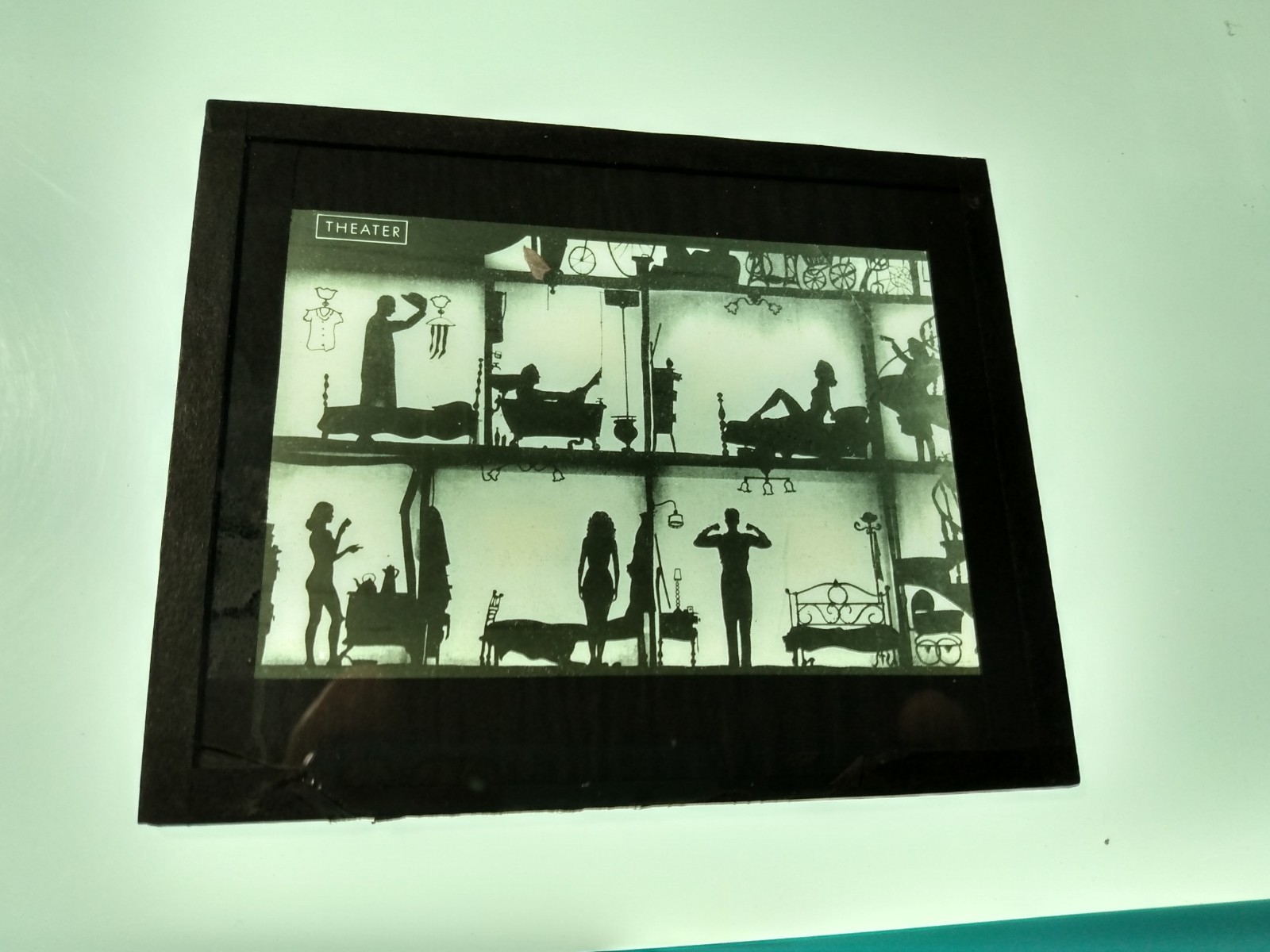 Unique Antique Silhouette Figure Magic Lantern Slide, Bathtub & Bed Scenes Unique Antique Silhouette Figure Magic Lantern Slide, Bathtub & Bed Scenes
