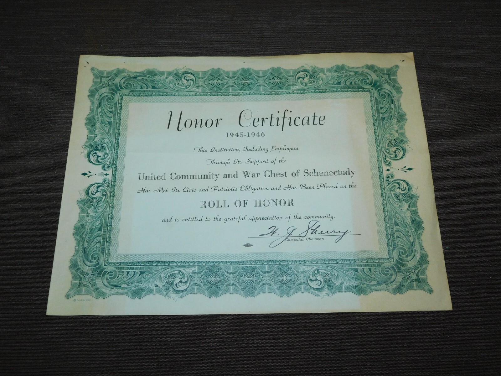 VINTAGE 1945-1946 HONOR CERTIFICATE UNITED COMMUNITY WAR CHEST OF SCHENECTADY VINTAGE 1945-1946 HONOR CERTIFICATE UNITED COMMUNITY WAR CHEST OF SCHENECTADY