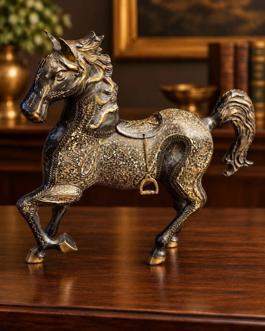 Large Vintage Indian Brass Horse Sculpture Black Gold Etched Floral 16" Large Vintage Indian Brass Horse Sculpture Black Gold Etched Floral 16"