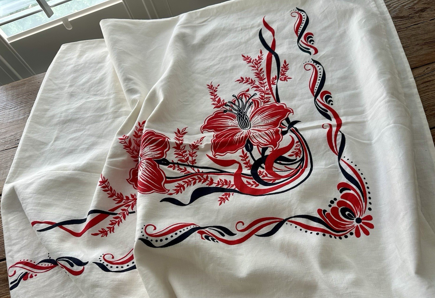 Vintage Creamy White Linen Print Tablecloth 58X66 Tropical Red Black Floral NOS? Vintage Creamy White Linen Print Tablecloth 58X66 Tropical Red Black Floral NOS?