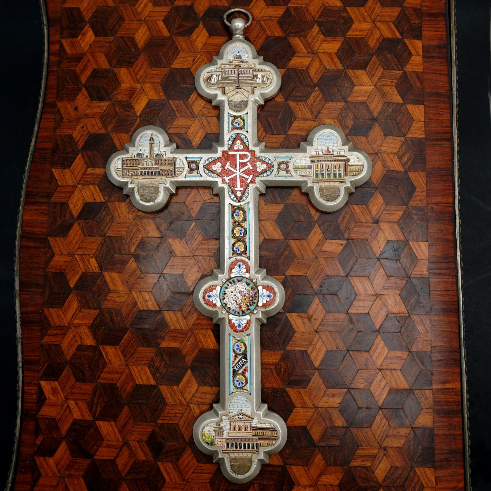 Antique Italian Micro Mosaic Crucifix Grand Tour Architectural Rome Souvenir Antique Italian Micro Mosaic Crucifix Grand Tour Architectural Rome Souvenir