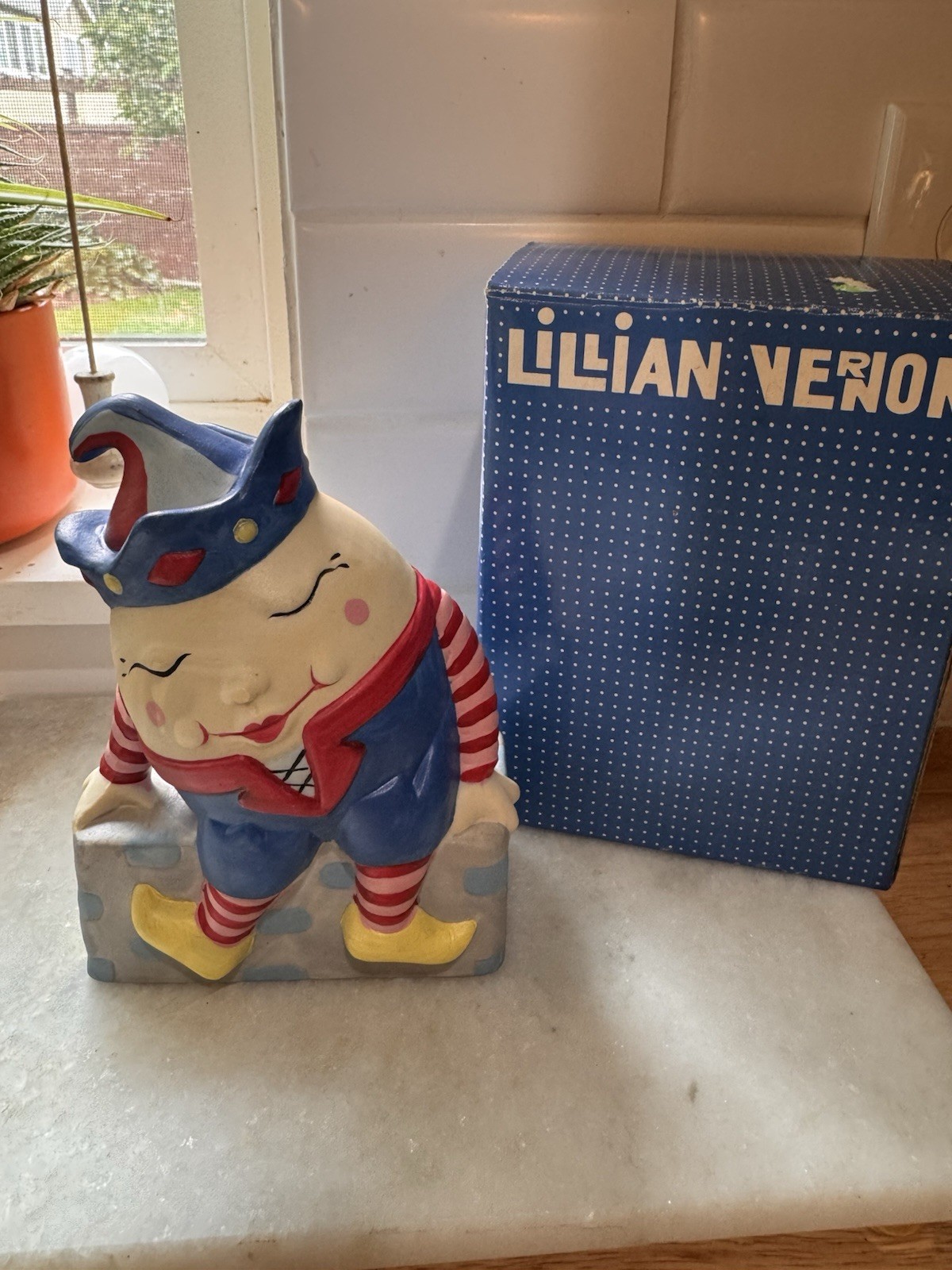 Vintage Lillian Vernon Humpty Dumpty Ceramic Piggy Bank 6" W/ Original Box