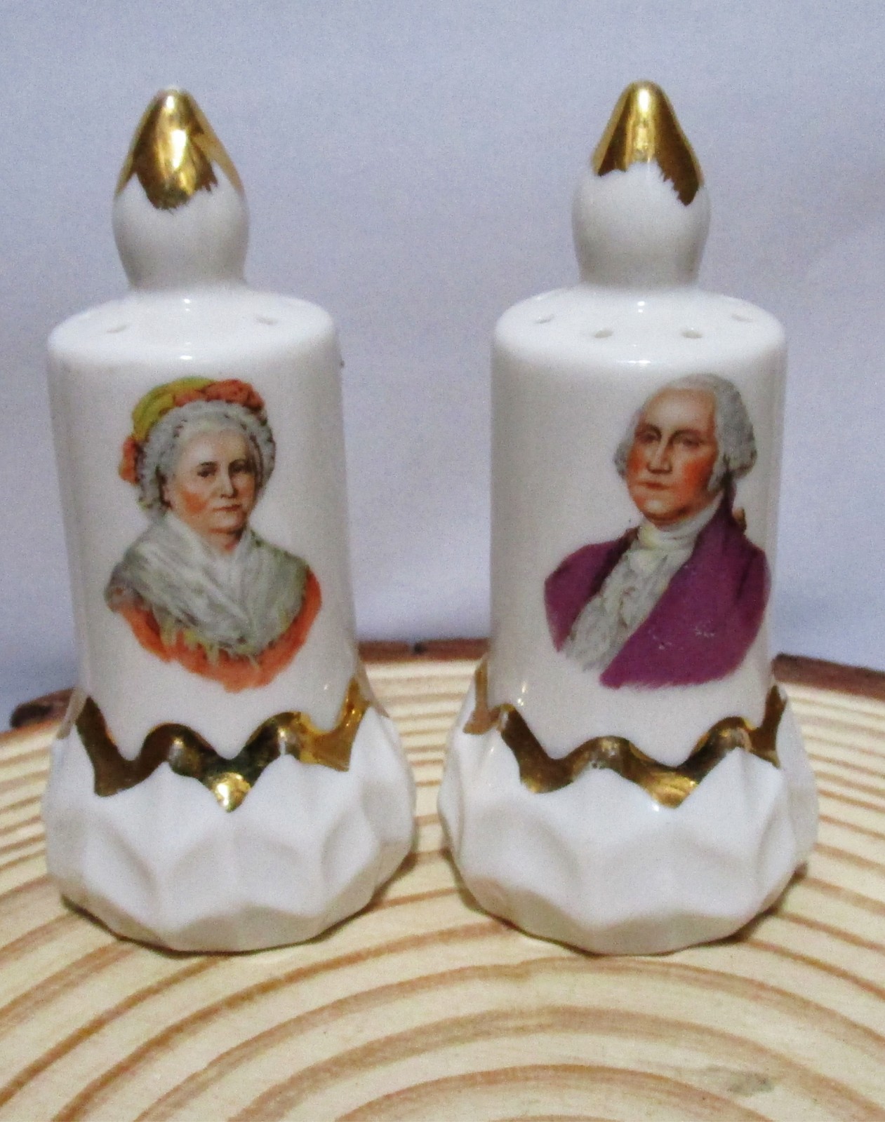 Vintage George Martha Washington Salt Pepper Shaker Gold Trim Candlestick 3.75"