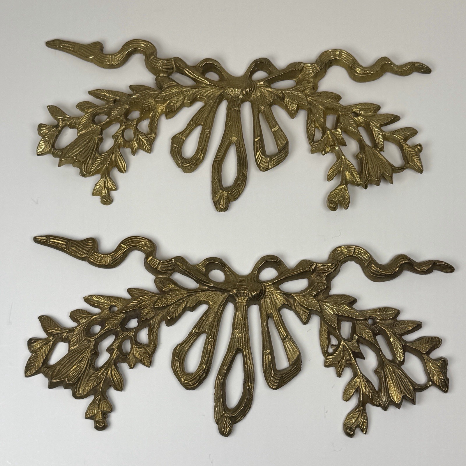 10" Vintage MCM Brass Wall Mount Hanging Ribbon Bow & Branches Decor Set Of 2