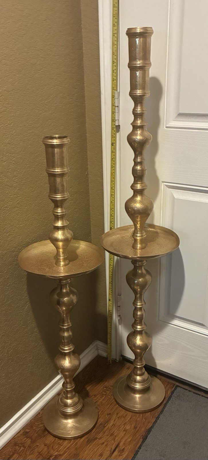 Huge Vintage Brass Candleholders, Etched Detail 50 & 40” Tall & 10” Diameter Huge Vintage Brass Candleholders, Etched Detail 50 & 40” Tall & 10” Diameter