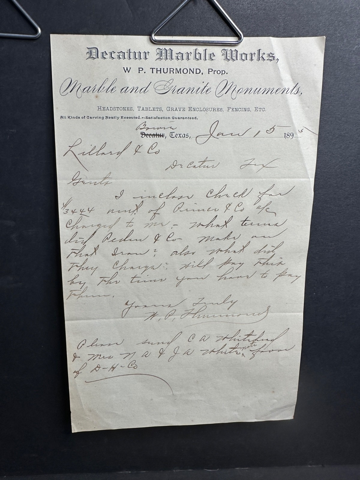 1895 Letter Decatur TX Marble Works, Tombstones, Grave Fences, Bowie TX Thurmond 1895 Letter Decatur TX Marble Works, Tombstones, Grave Fences, Bowie TX Thurmond