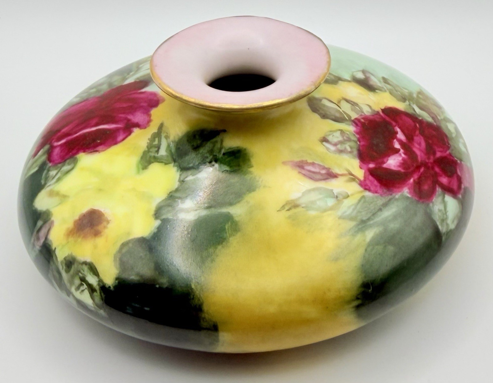Antique T&V Limoges France Hand Painted Pink Yellow Roses Low Squat Vase