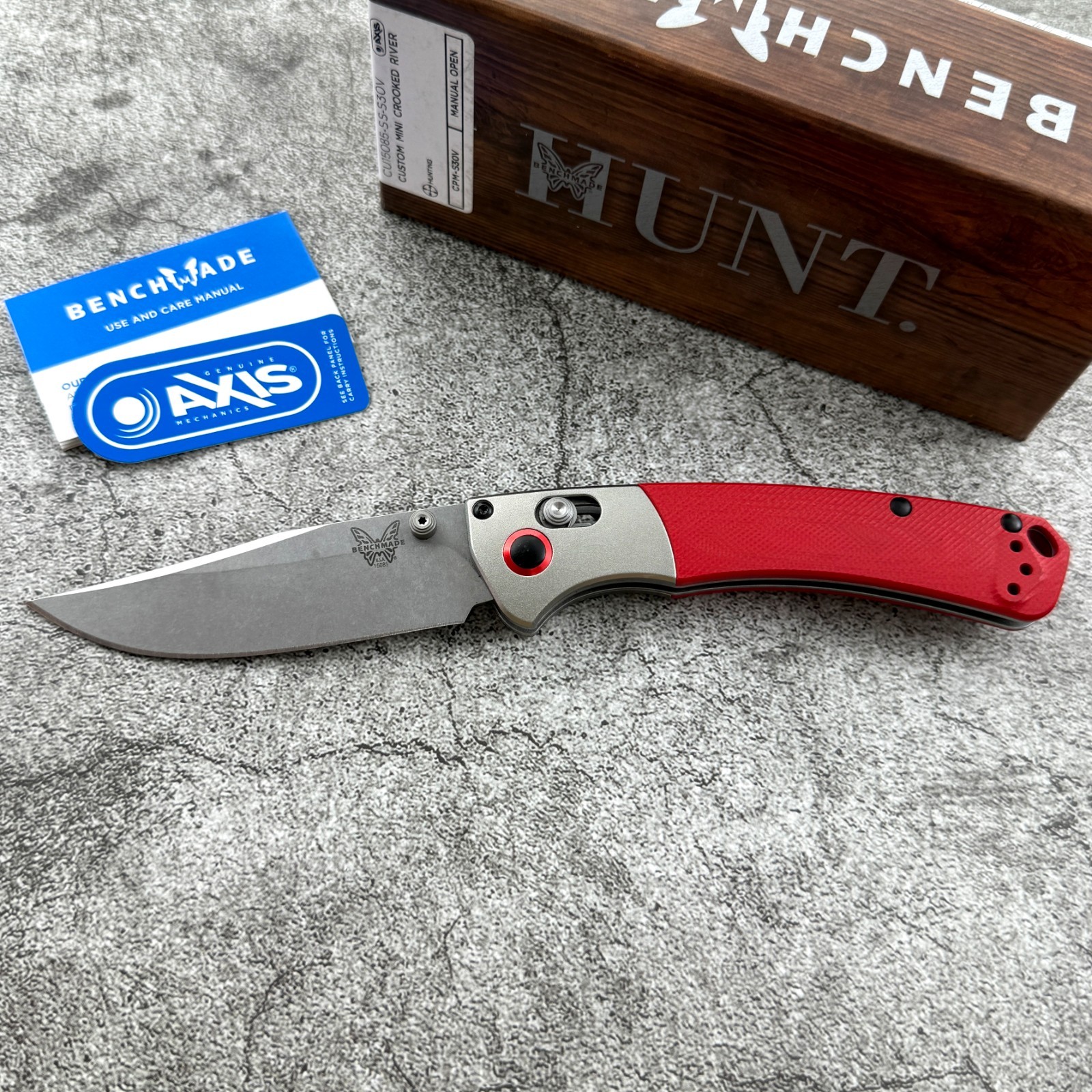 Benchmade Custom Mini 15085-SS Crooked River Satin Aluminum Red G10 Handle Knife Benchmade Custom Mini 15085-SS Crooked River Satin Aluminum Red G10 Handle Knife