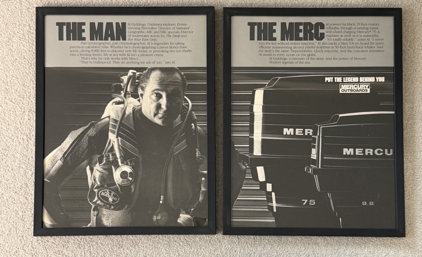 Vintage Mercury Outboards Al Giddings Framed Magazine Ad Set 10x13 Boat Art