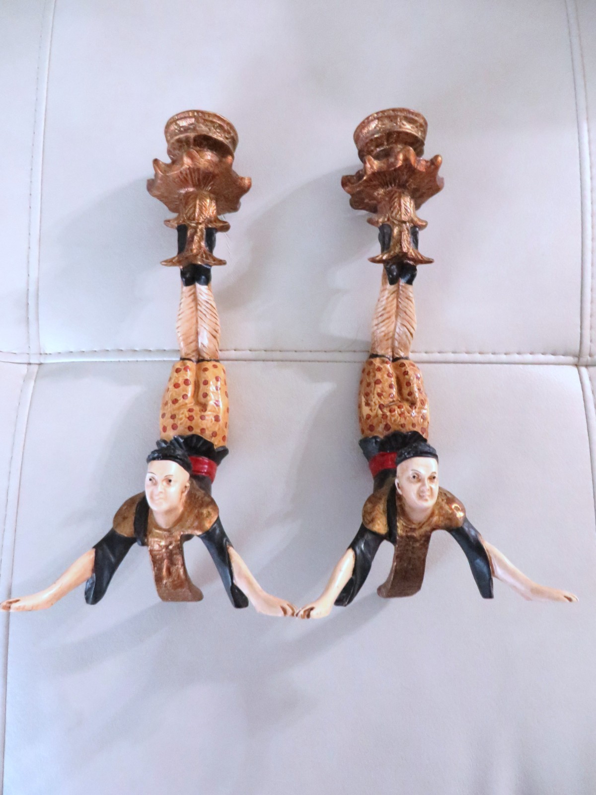 Vintage MCM matching pair CHINESE CIRCUS ACROBAT Candle Holders 7" Tall