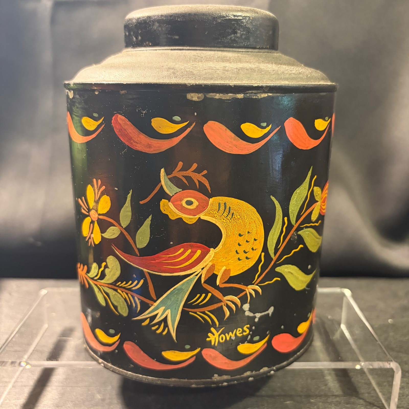 Vintage Howes Hand Painted Folk Art Bird Metal Tea Caddy Oval Tin Canister Vintage Howes Hand Painted Folk Art Bird Metal Tea Caddy Oval Tin Canister