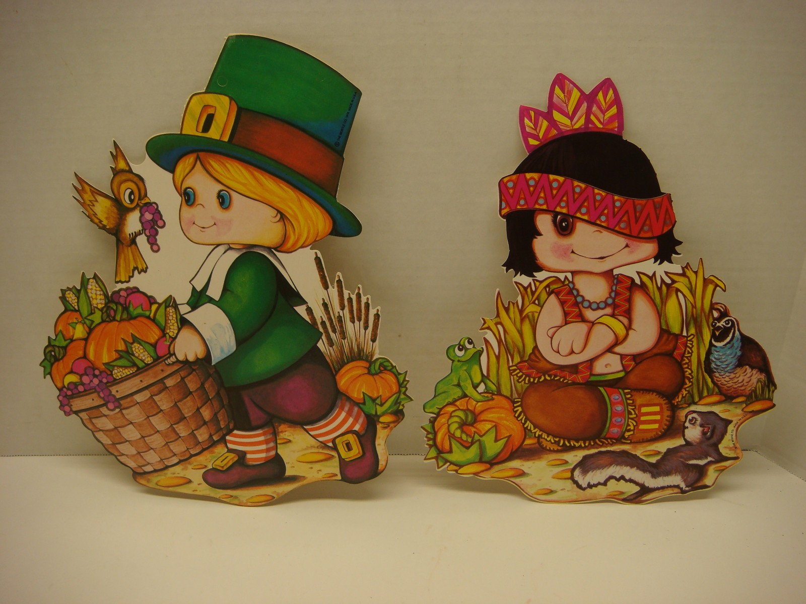 Pair (2) Vintage "Beistle" Indian Boy & Pilgrim Boy Thanksgiving Decorations