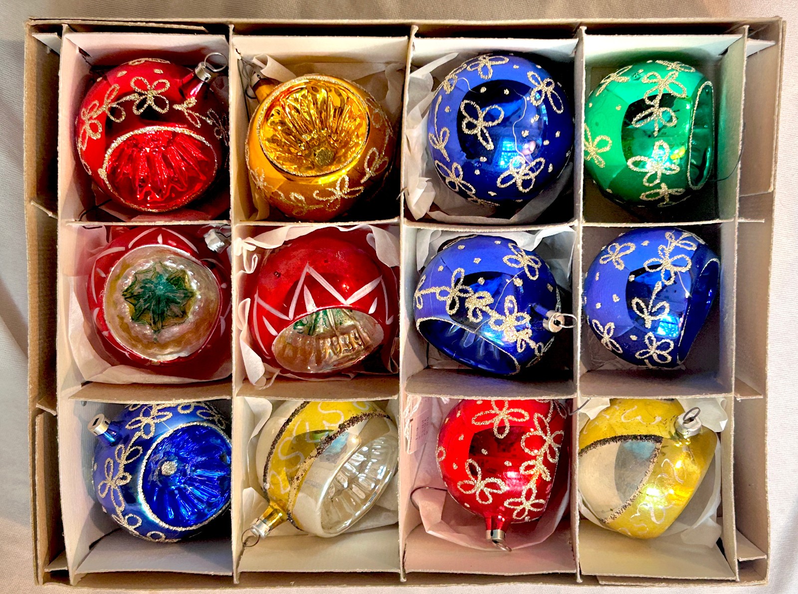 Vintage Set of One Dozen Indented Glass Hand Blown Christmas Ornaments Vintage Set of One Dozen Indented Glass Hand Blown Christmas Ornaments