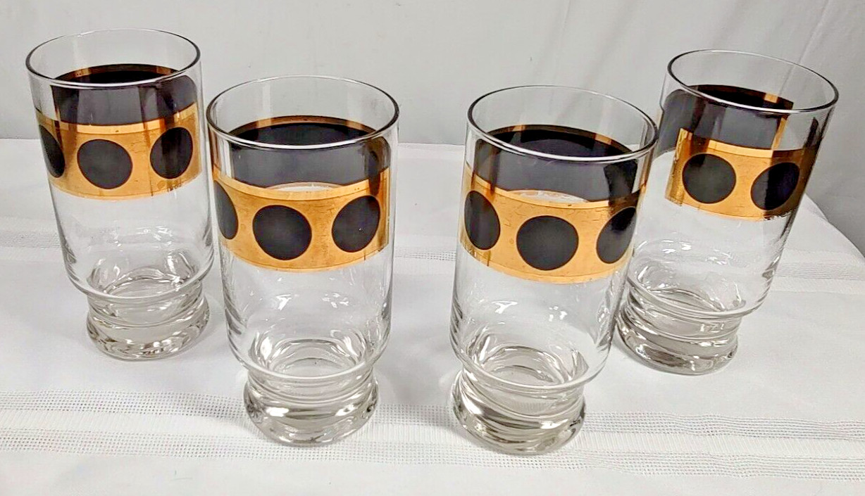 Federal Glass Black Coin Glasses Tumblers Gold Footed 13 oz Lot of 4 Barware
