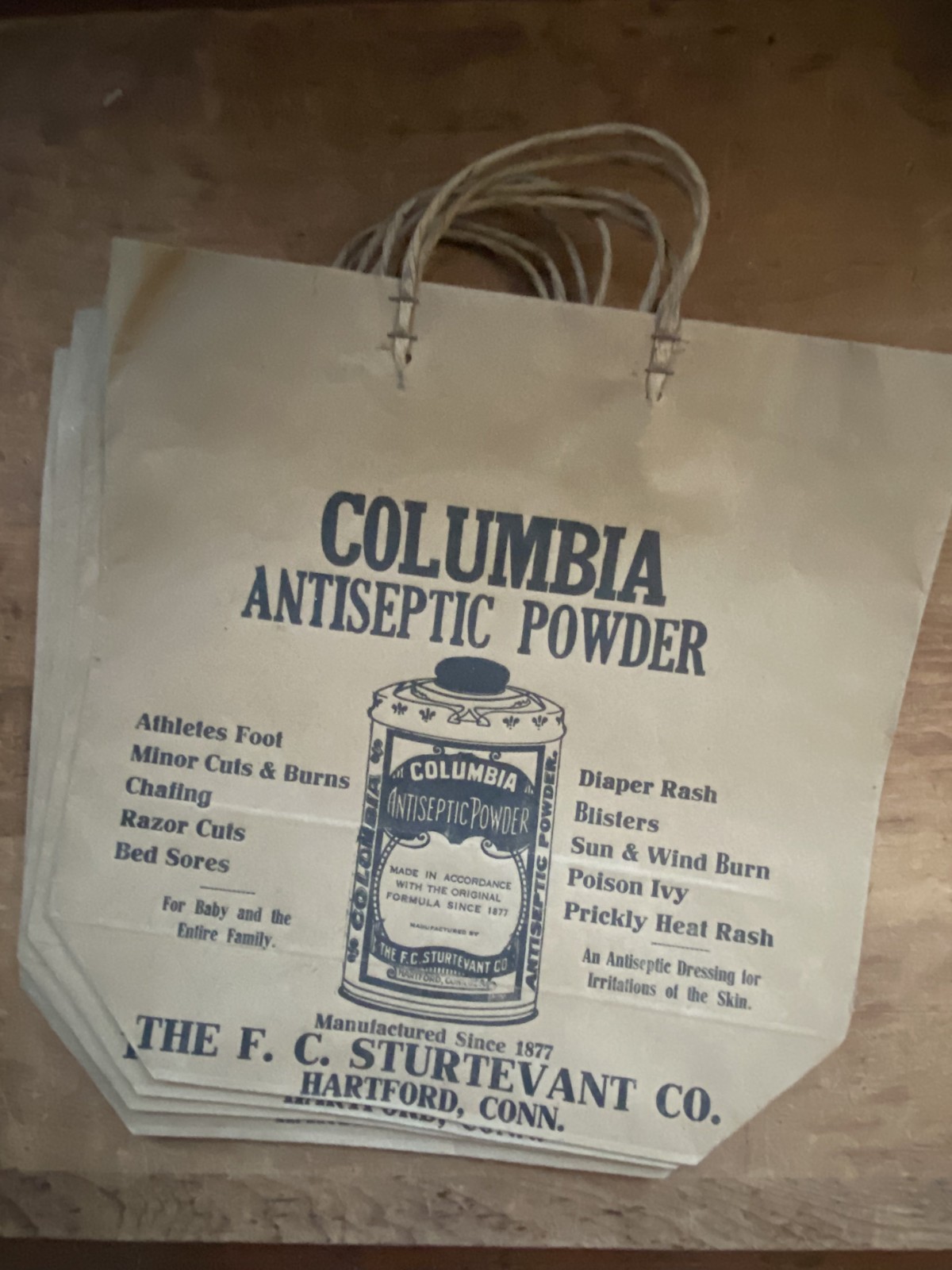 4 Antique 1900's NOS Drug Store Bags, Columbia Antiseptic Powder, Hartford, CT