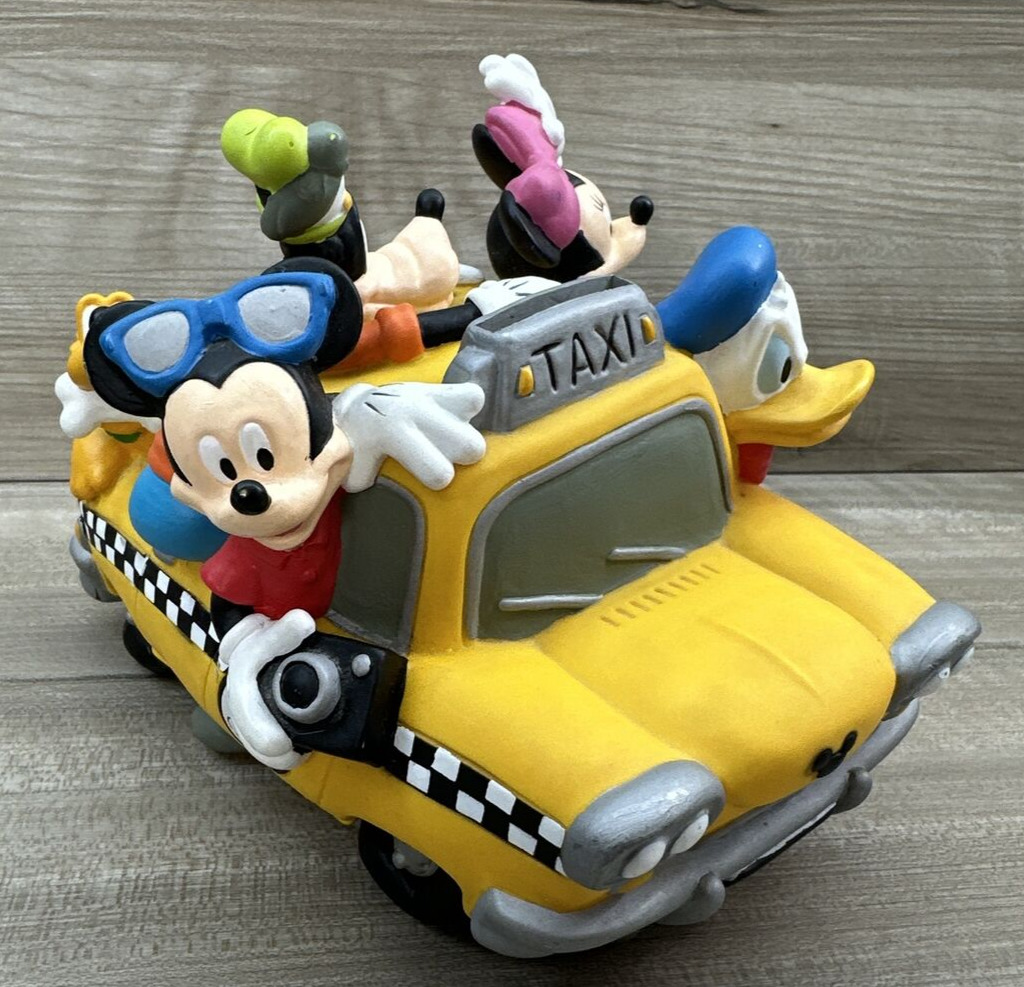Vtg Disney Coin Bank Yellow Taxi Cab Mickey Mouse Minnie Goofy Pluto Donald