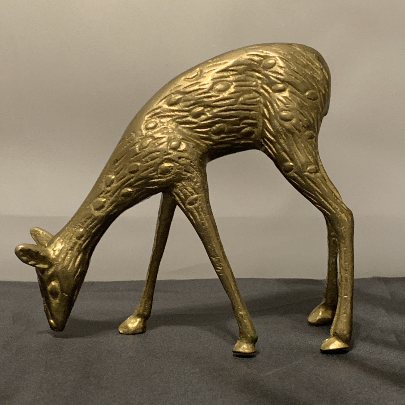 VTG MCM Brass Spotted Deer Doe or Fawn Figurine Grazing Home Decor 4.5” Metal