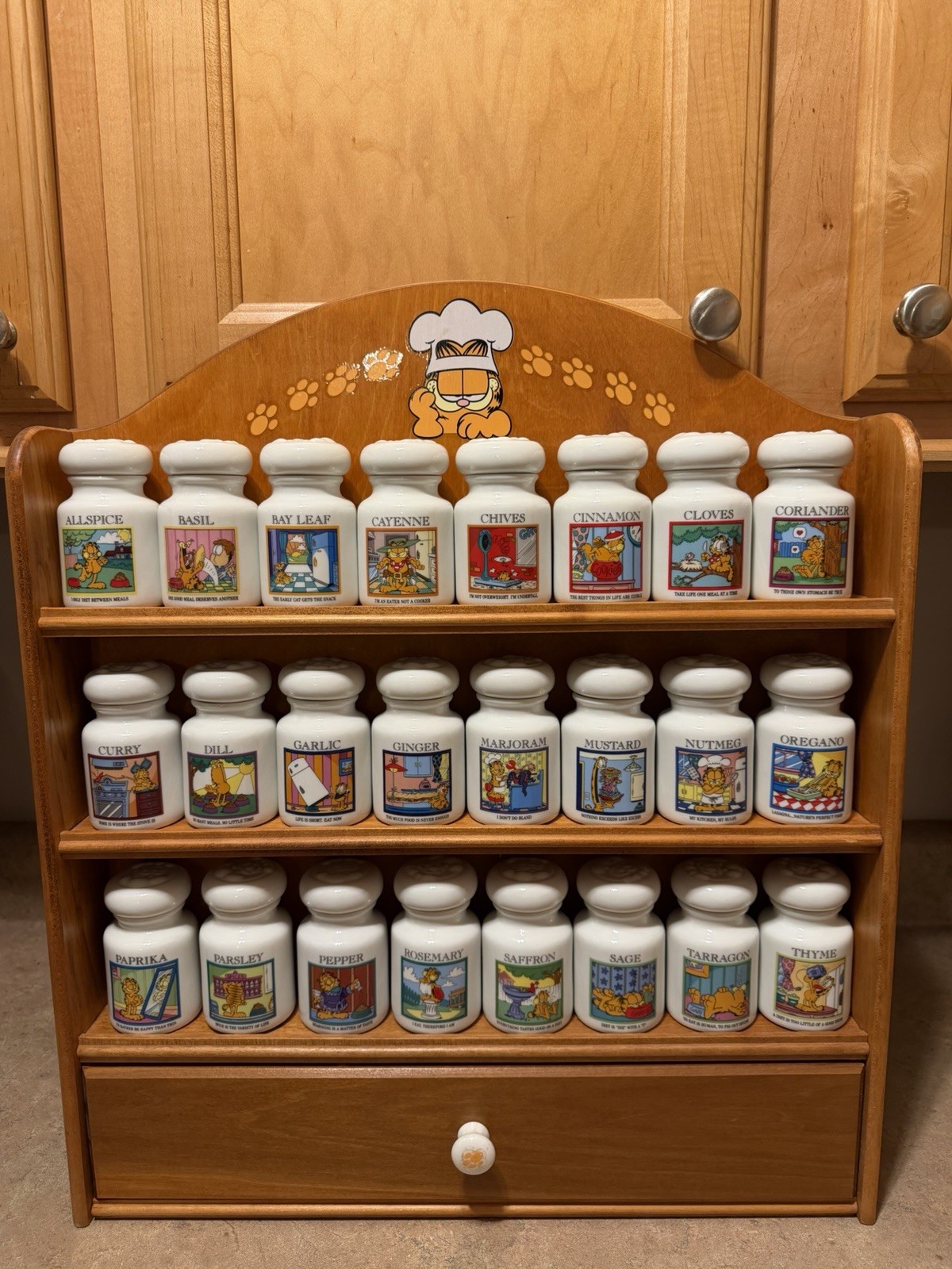 Vintage 1994 Garfield Spice Jar Collection Complete Set w Wood Rack Danbury Mint Vintage 1994 Garfield Spice Jar Collection Complete Set w Wood Rack Danbury Mint
