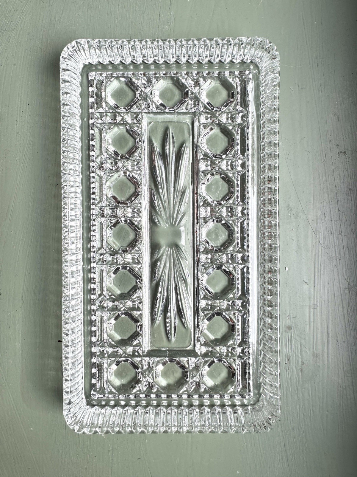 Vintage MCM Windsor Clear Federal Cut Glass Button & Cane Vanity Tray 8 3/8” Vintage MCM Windsor Clear Federal Cut Glass Button & Cane Vanity Tray 8 3/8”