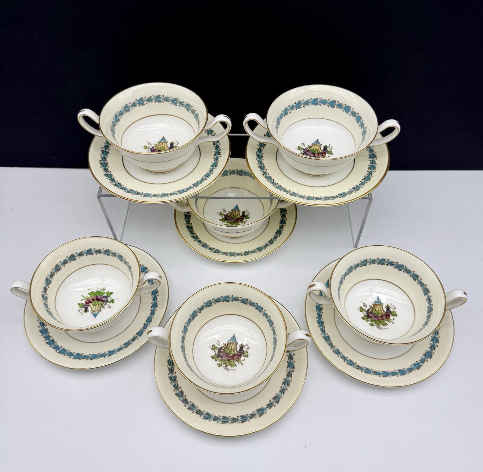 Wedgwood Bone China Appledore Urn Mark Cream Soup & Saucer Cream Border - Set 6 Wedgwood Bone China Appledore Urn Mark Cream Soup & Saucer Cream Border - Set 6