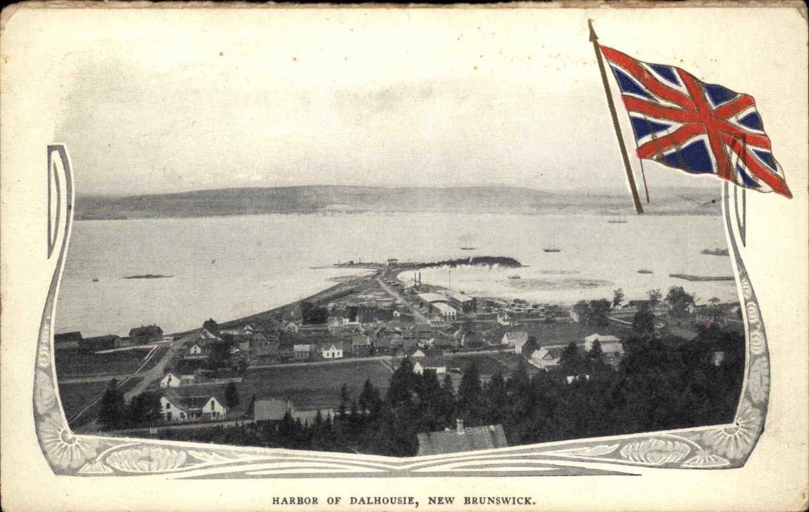 Dalhousie New Brunswick Harbor Bird's Eye View Flag Gilt Embossed Postcard Dalhousie New Brunswick Harbor Bird's Eye View Flag Gilt Embossed Postcard