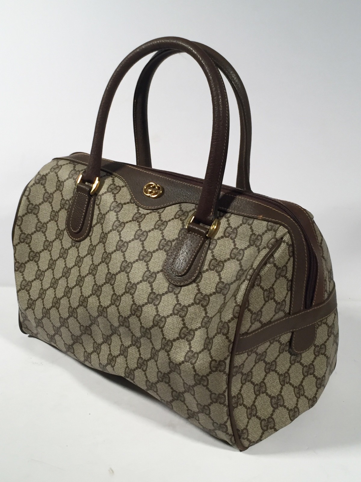 VTG GUCCI Web GG Monogram Brown Coated Leather Doctor Boston Purse Bag Italy VTG GUCCI Web GG Monogram Brown Coated Leather Doctor Boston Purse Bag Italy