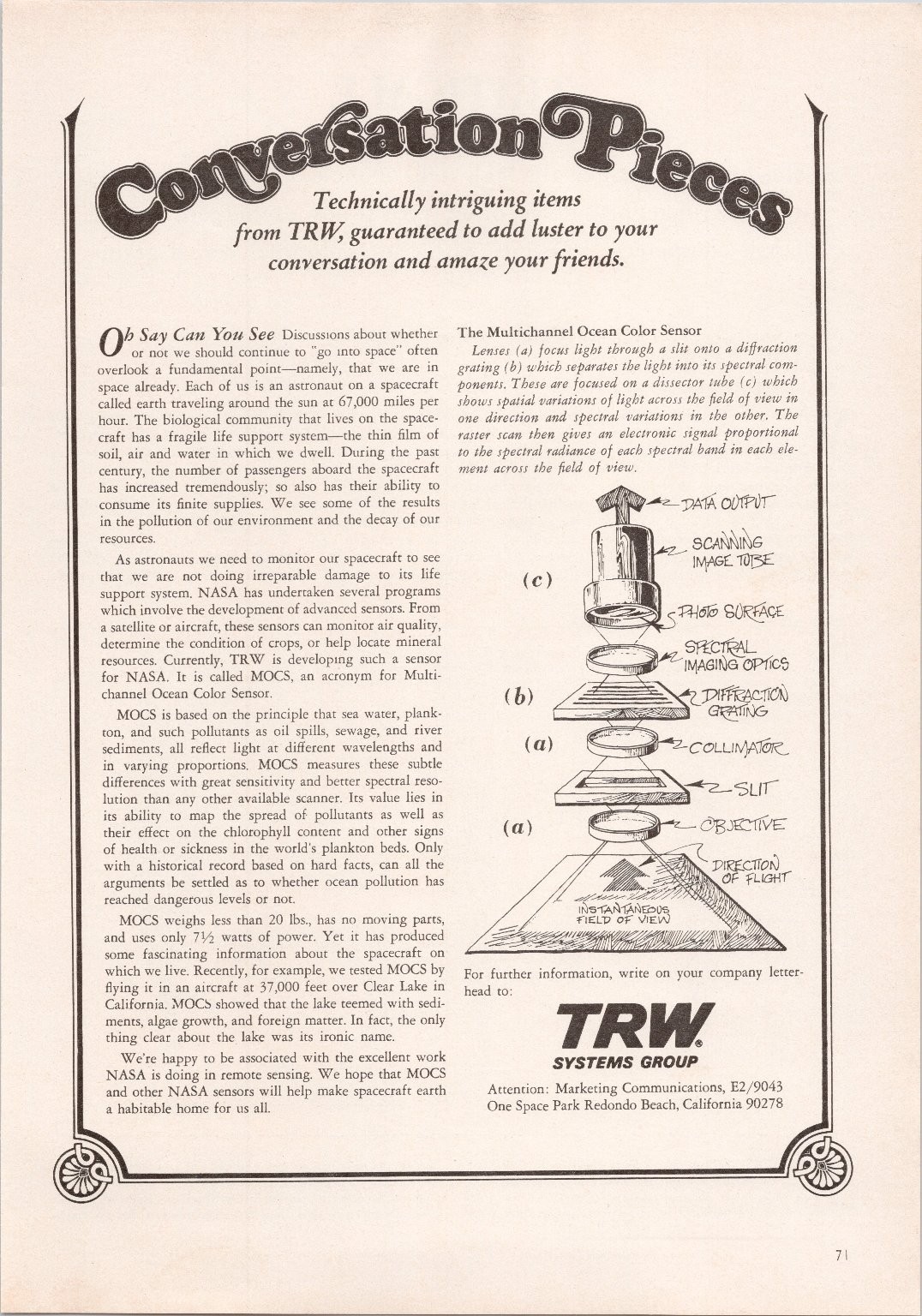 TRW Conversation Pieces 1974 Print Ad Multichannel Ocean Color Sensor NASA TRW Conversation Pieces 1974 Print Ad Multichannel Ocean Color Sensor NASA