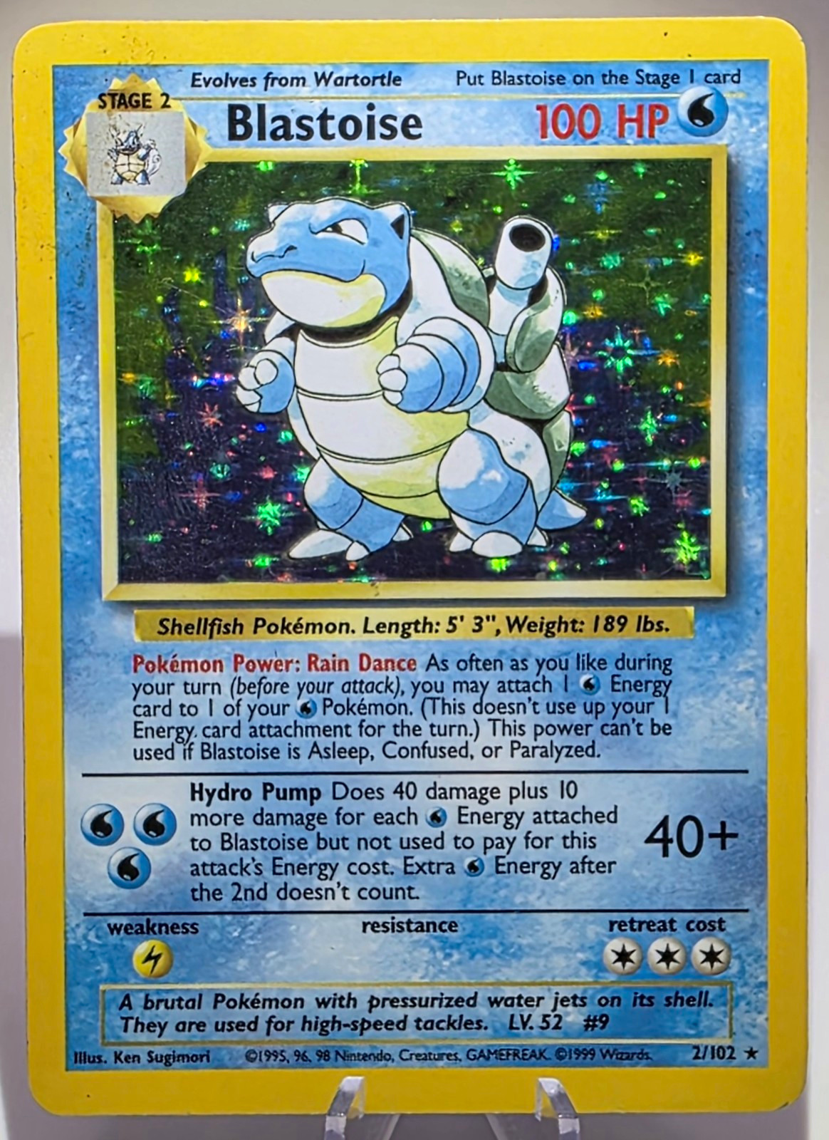 Wizards 1999 Pokémon Base Set Blastoise Holo Card 2/102 English Wizards 1999 Pokémon Base Set Blastoise Holo Card 2/102 English