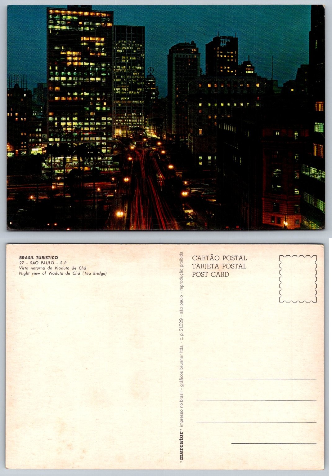 Vintage São Paulo Brazil Viaduto do Chá Night View Chrome Postcard Vintage São Paulo Brazil Viaduto do Chá Night View Chrome Postcard