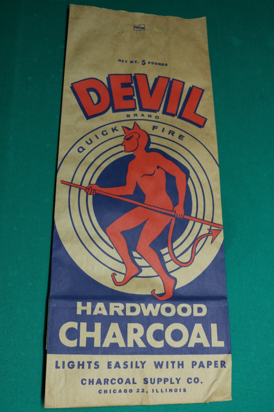 VINTAGE 1960's new / old unused stock DEVIL HARDWOOD CHARCOAL bag 20" x 8"
