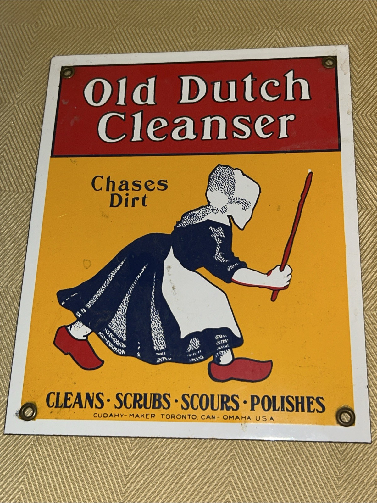 Vintage Ande Rooney Old Dutch Cleanser Porcelain Enamel Metal Advertising Sign Vintage Ande Rooney Old Dutch Cleanser Porcelain Enamel Metal Advertising Sign