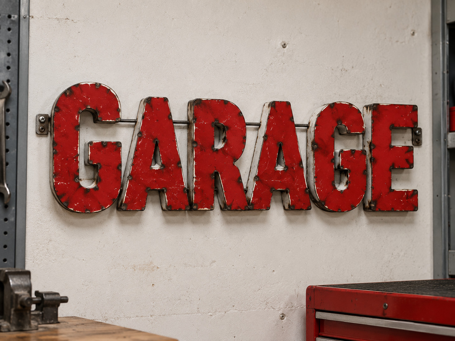 40" Vintage Garage – Red Metal Letter Wall Sign