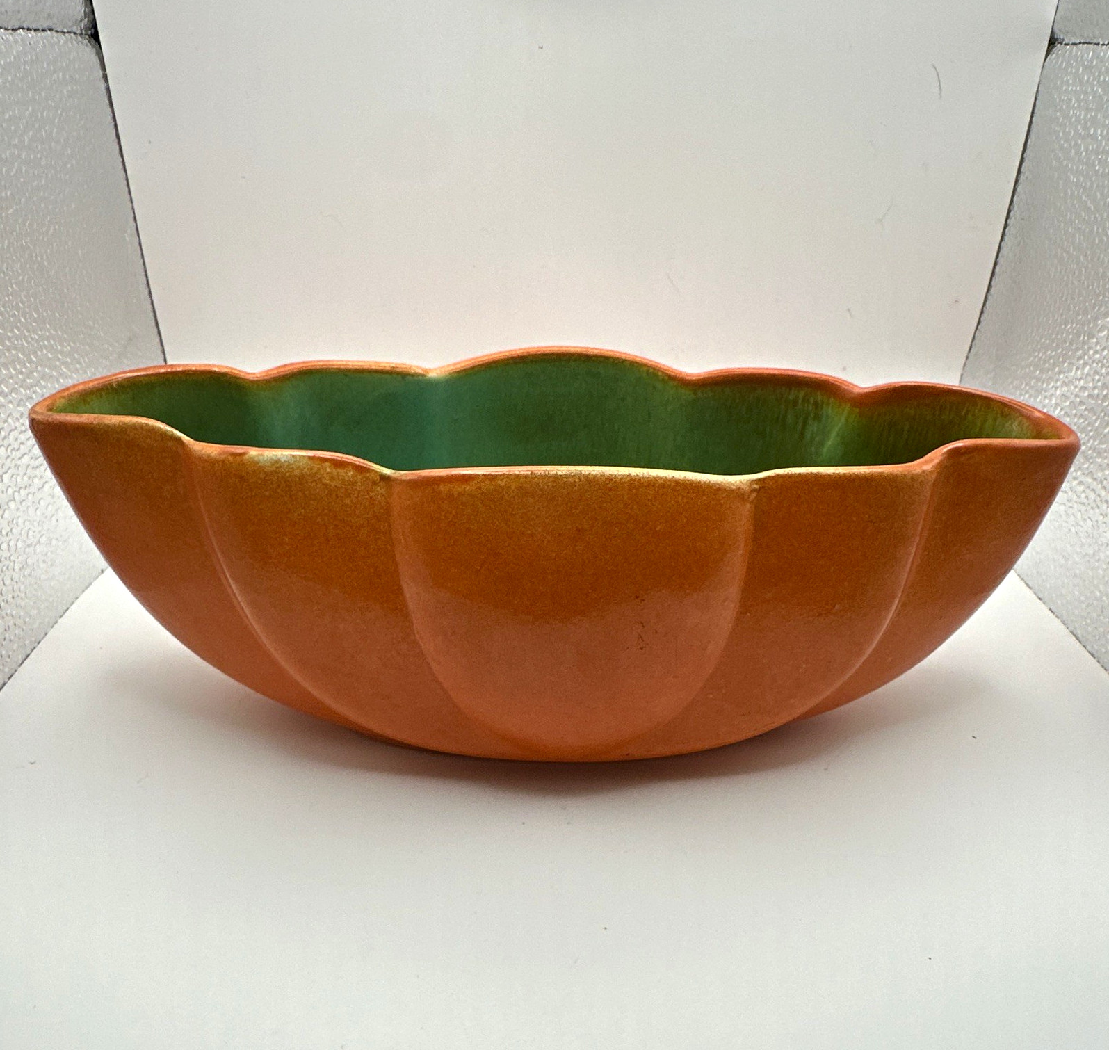 Vintage MCM Ceramic Pumpkin Planter Bowl Orange & Teal Scalloped Rim Vintage MCM Ceramic Pumpkin Planter Bowl Orange & Teal Scalloped Rim