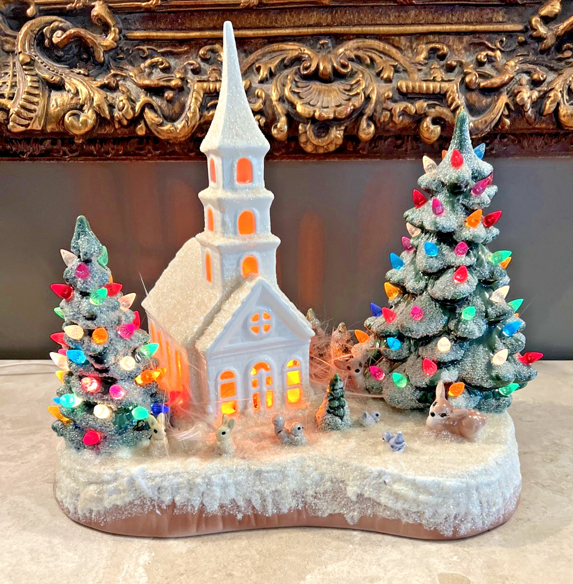 VTG MCM 1960s ATLANTIC MOLD LIGHTED CHURCH w/ CHRISTMAS TREES MUSICAL SCENE RARE VTG MCM 1960s ATLANTIC MOLD LIGHTED CHURCH w/ CHRISTMAS TREES MUSICAL SCENE RARE