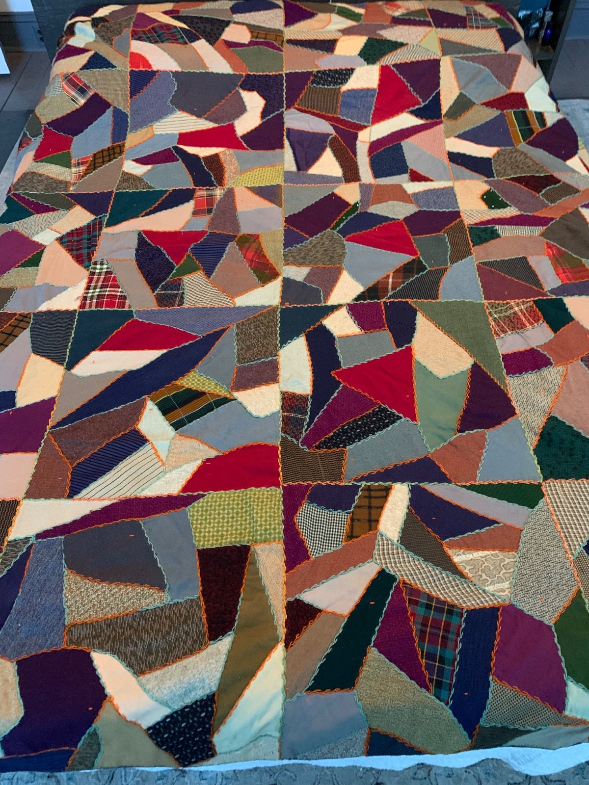 Antique Crazy quilt embroidery, intricate stitching 85" x 69" early fabrics Antique Crazy quilt embroidery, intricate stitching 85" x 69" early fabrics