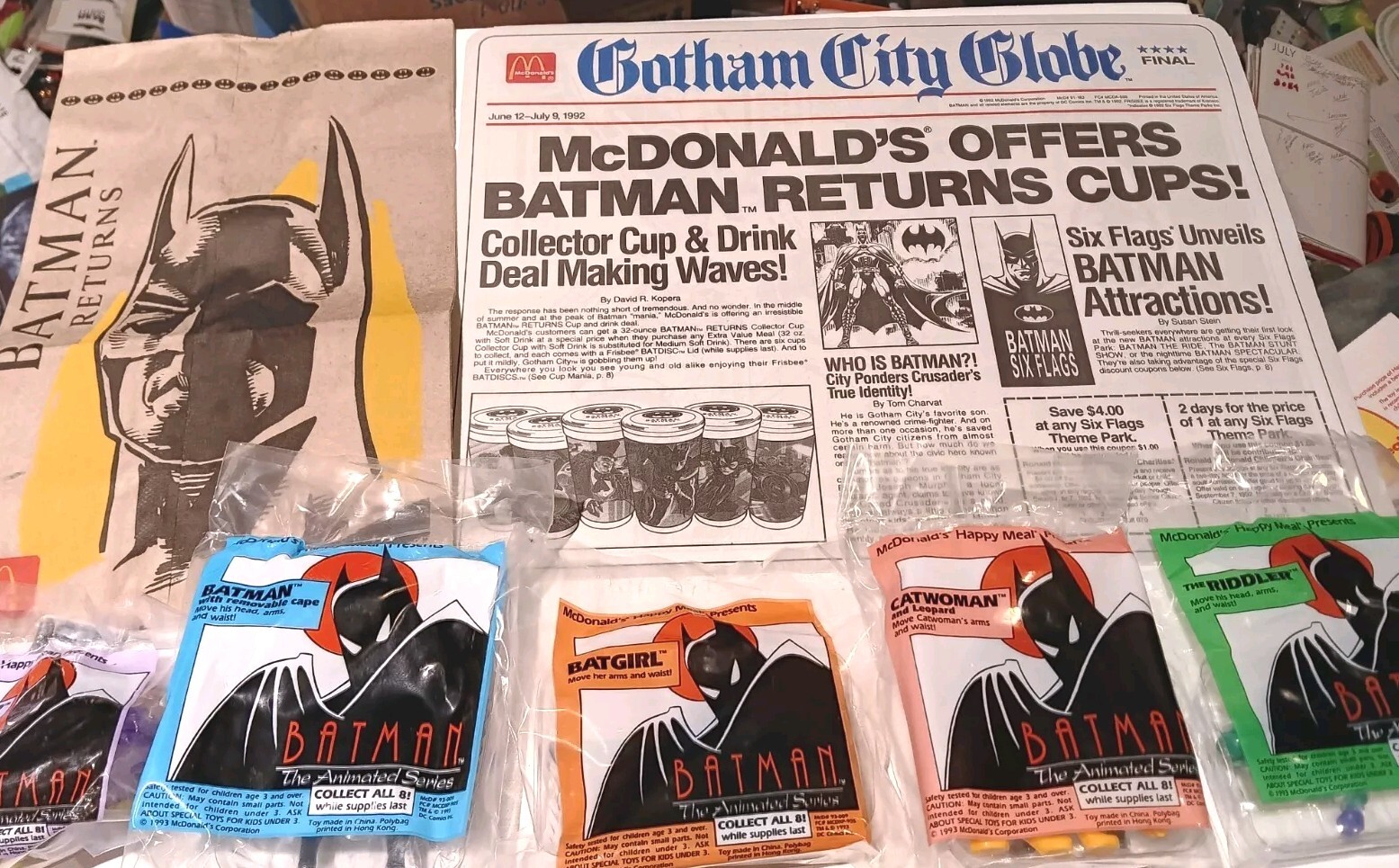 Batman/McDonald’s 1993 COMPLETE SET, 5 HM Toys, Bag, Placemat - BRAND NEW Batman/McDonald’s 1993 COMPLETE SET, 5 HM Toys, Bag, Placemat - BRAND NEW